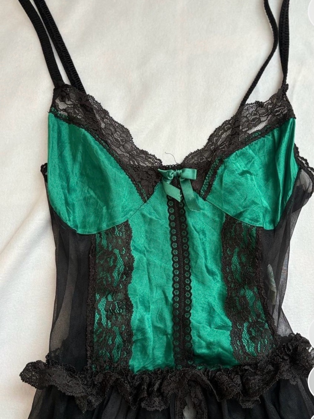 Green & Black Lace Satin Chemise - Women's Intimates